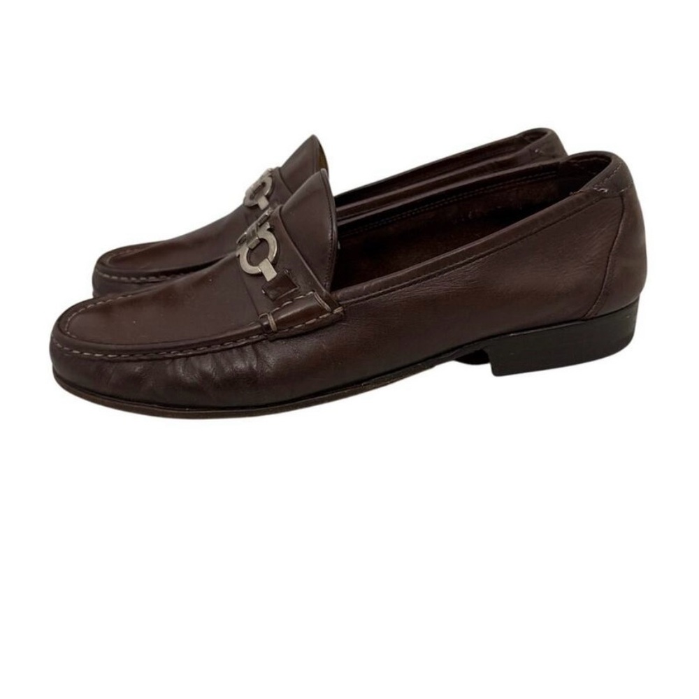 Salvatore Ferragamo Dark Brown Leather Loafers with Silver Detail